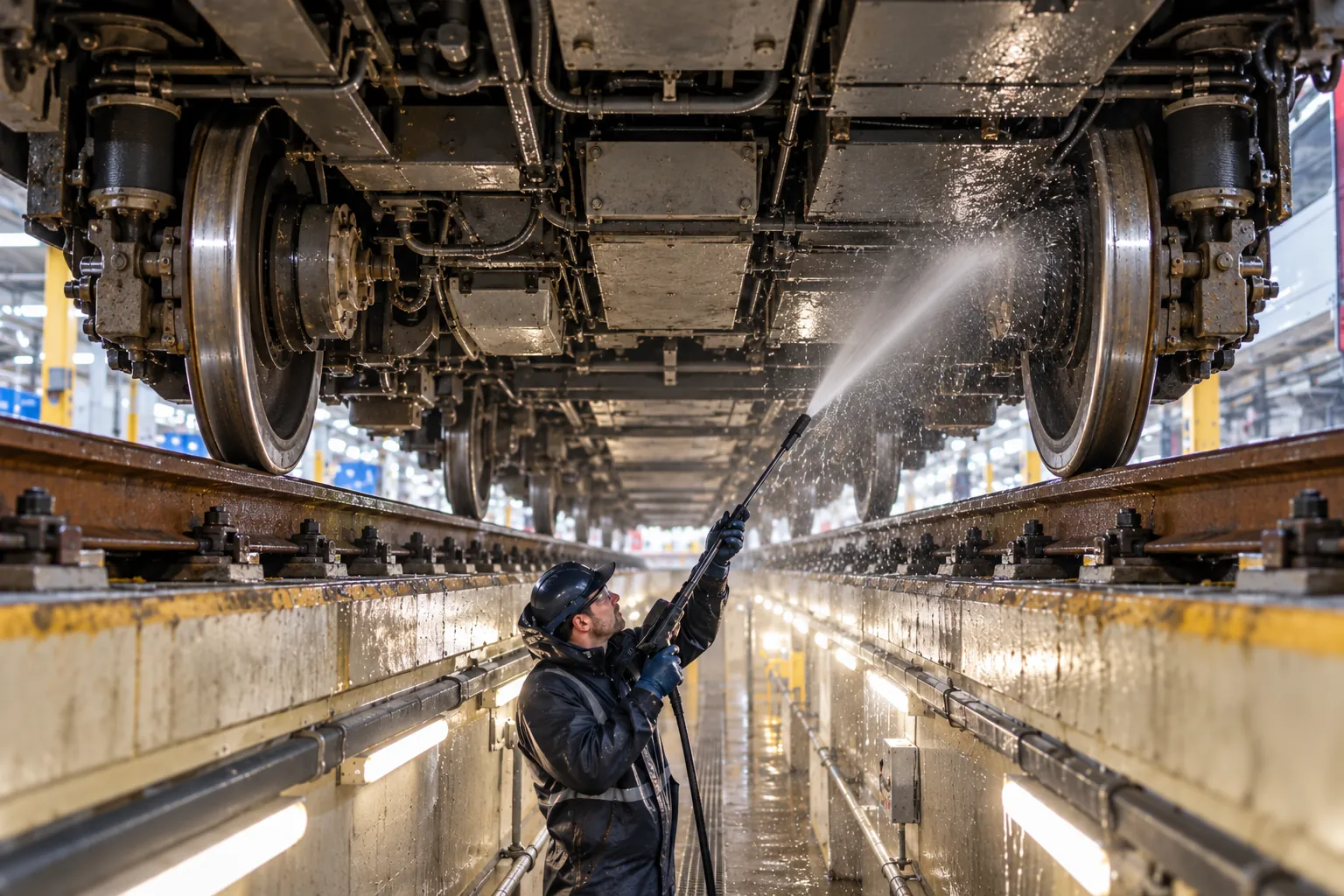 Technicien nettoyant manuellement le dessous d’un train en fosse